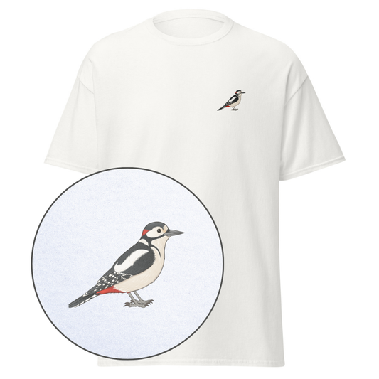 Birdex white default mockup - Great Spotted Woodpecker Unisex Tee