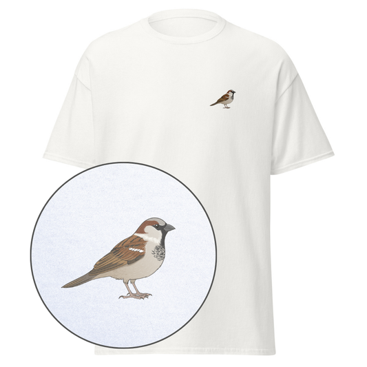 Birdex white default mockup - House Sparrow Unisex Tee