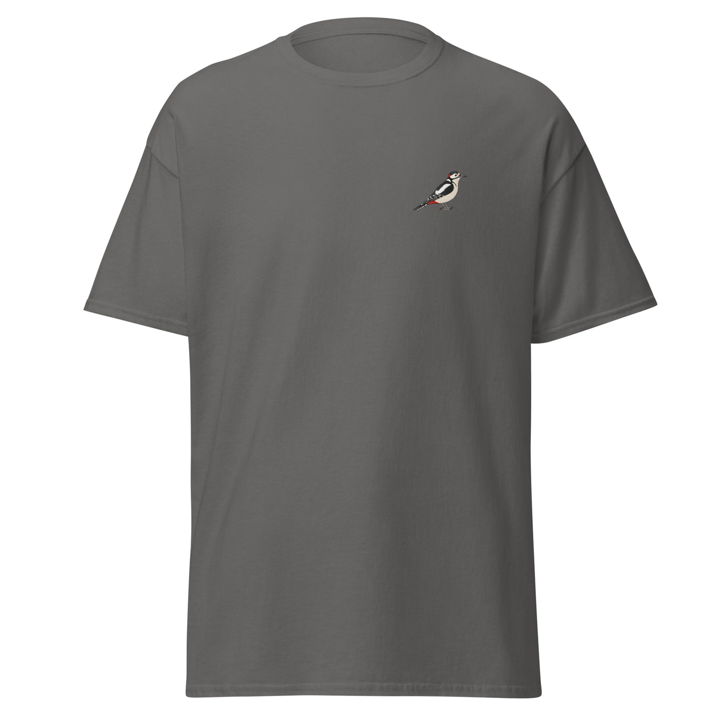 Great Spotted Woodpecker unisex bird T-shirt in Charcoal
