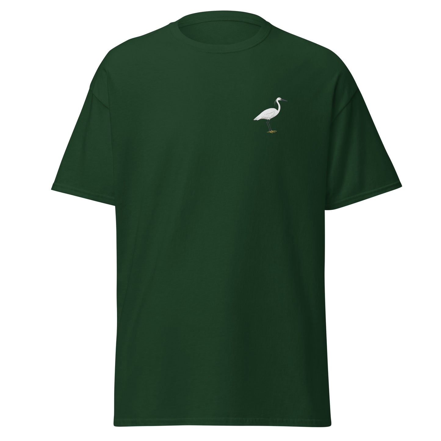 Little Egret unisex bird T-shirt in Forest Green