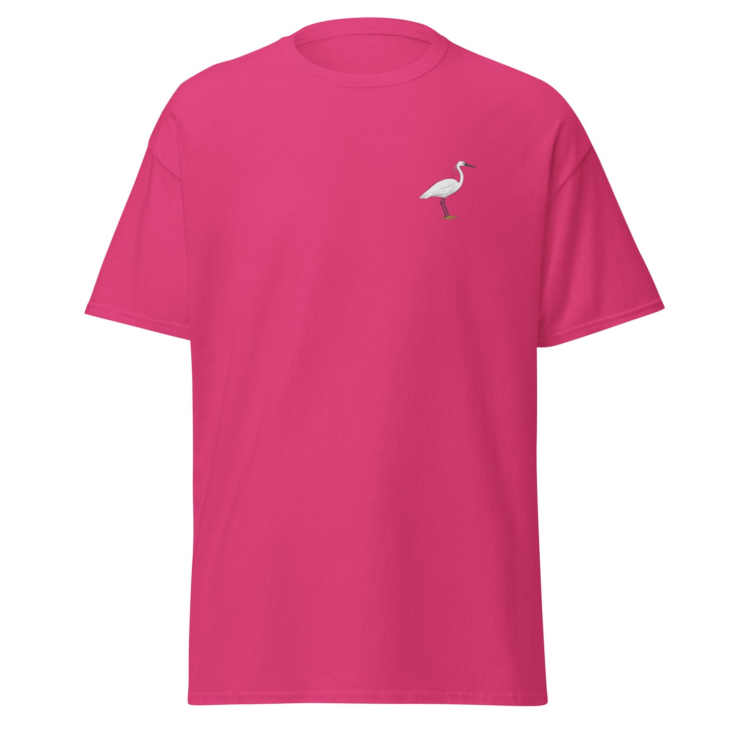 Little Egret unisex bird T-shirt in Heliconia