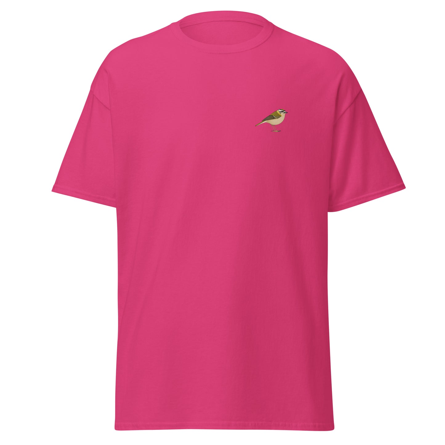 Firecrest unisex bird T-shirt in Heliconia
