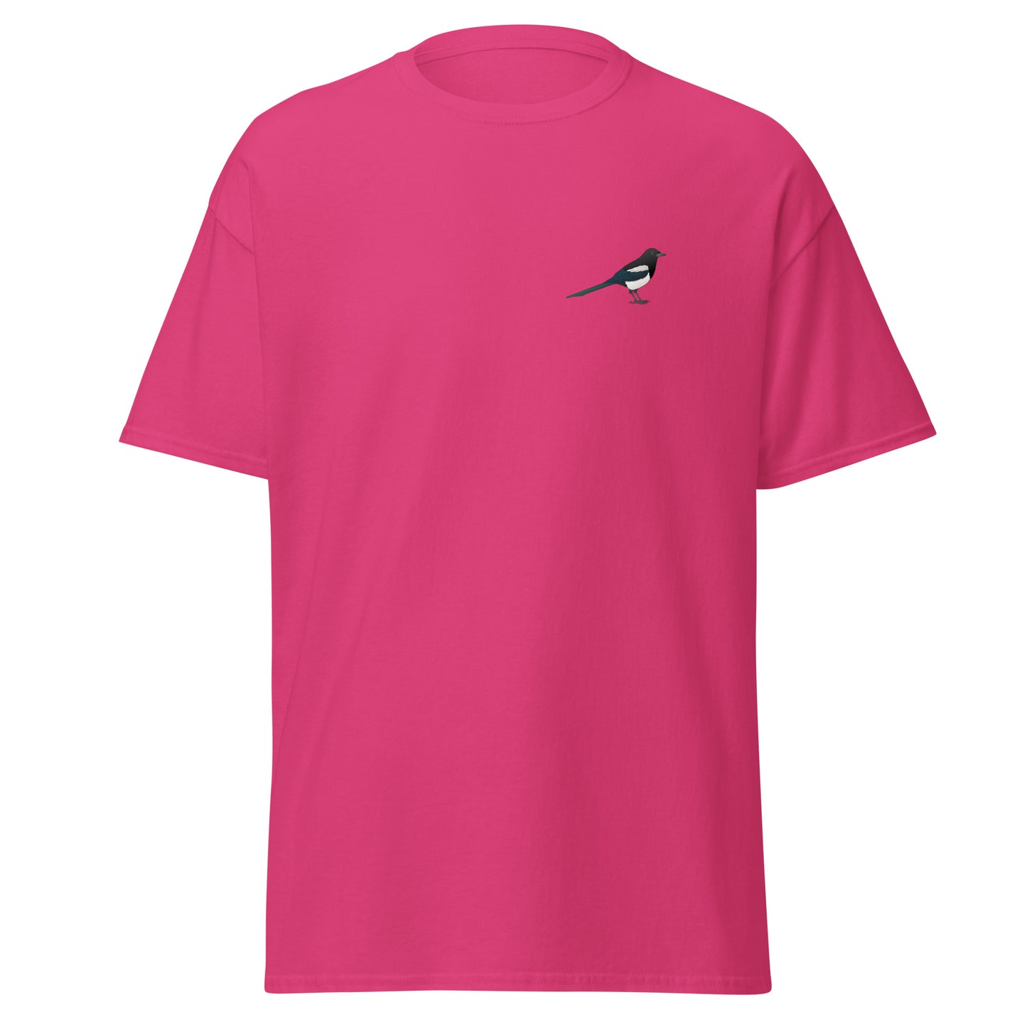 Magpie unisex bird T-shirt in Heliconia