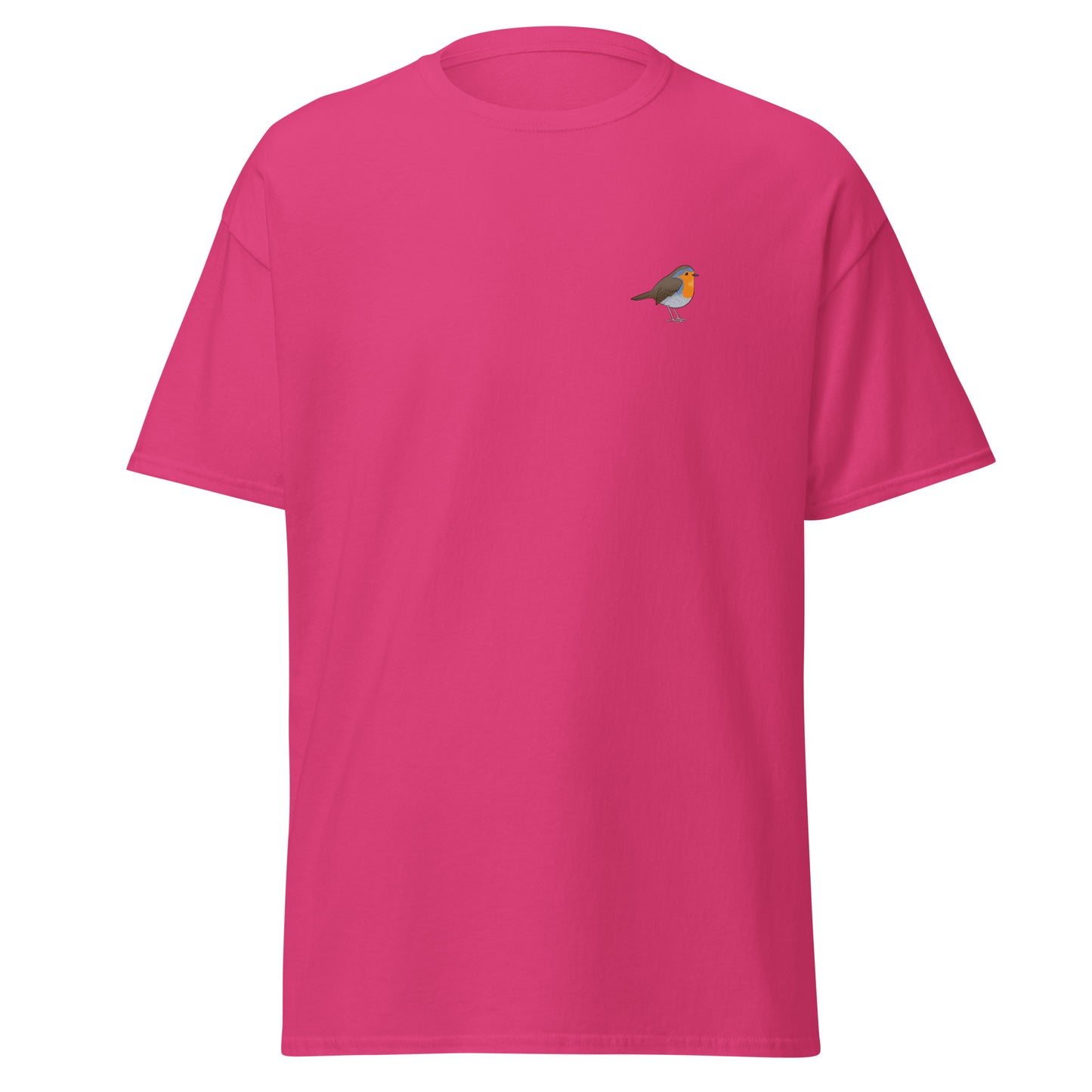 Robin unisex bird T-shirt in Heliconia