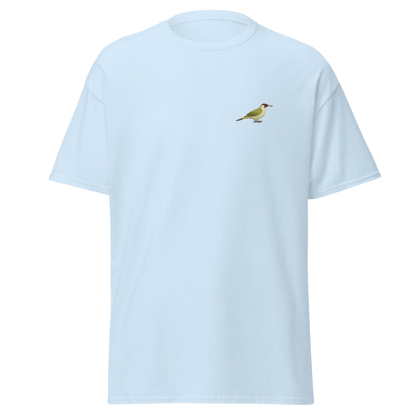 Green Woodpecker unisex bird T-shirt in Light Blue