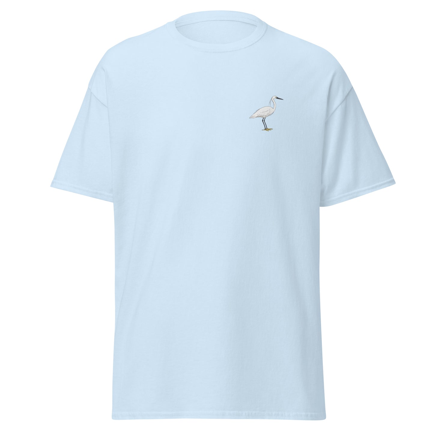 Little Egret unisex bird T-shirt in Light Blue