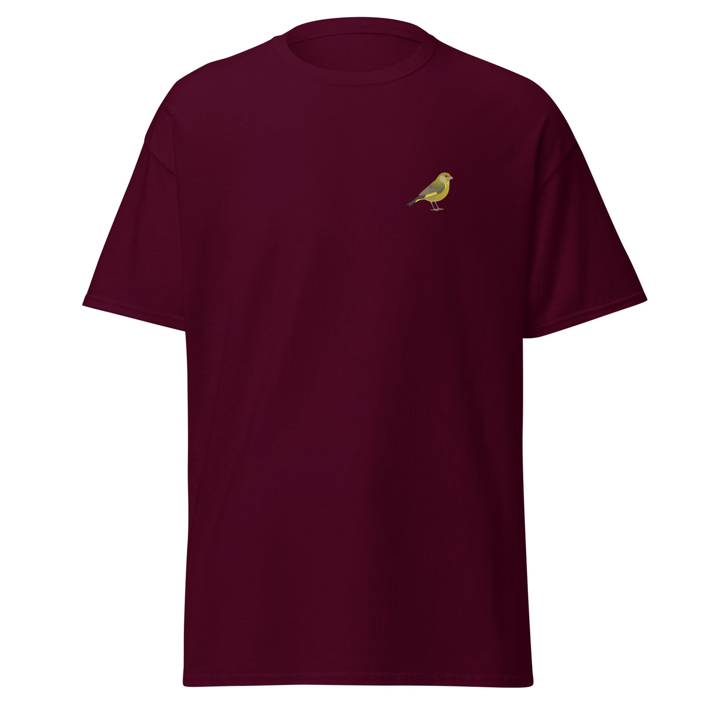 Greenfinch unisex bird T-shirt in Maroon