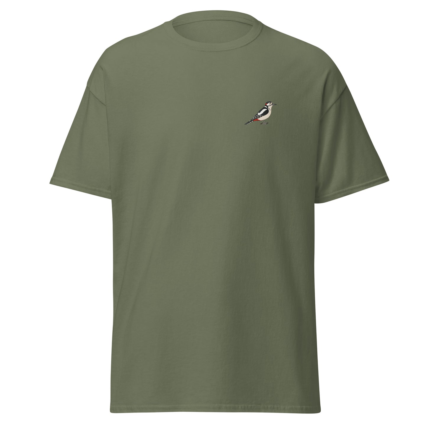 Great Spotted Woodpecker unisex bird T-shirt in Military Green