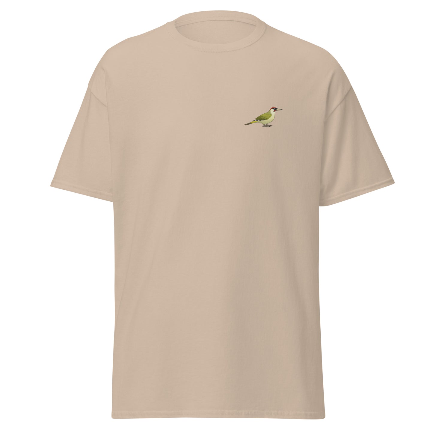 Green Woodpecker unisex bird T-shirt in Sand