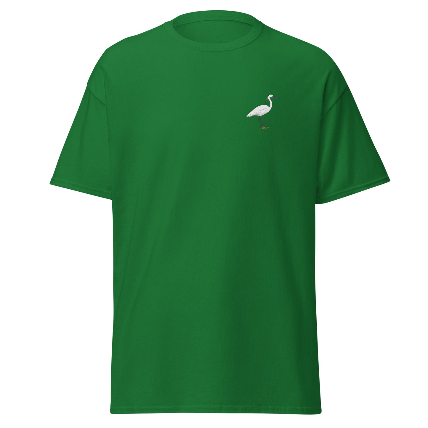 Little Egret unisex bird T-shirt in Turf Green