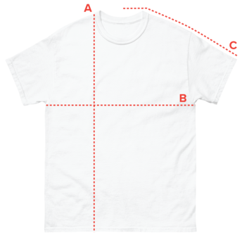 T-shirt measurement points A length, B width, and C sleeve length